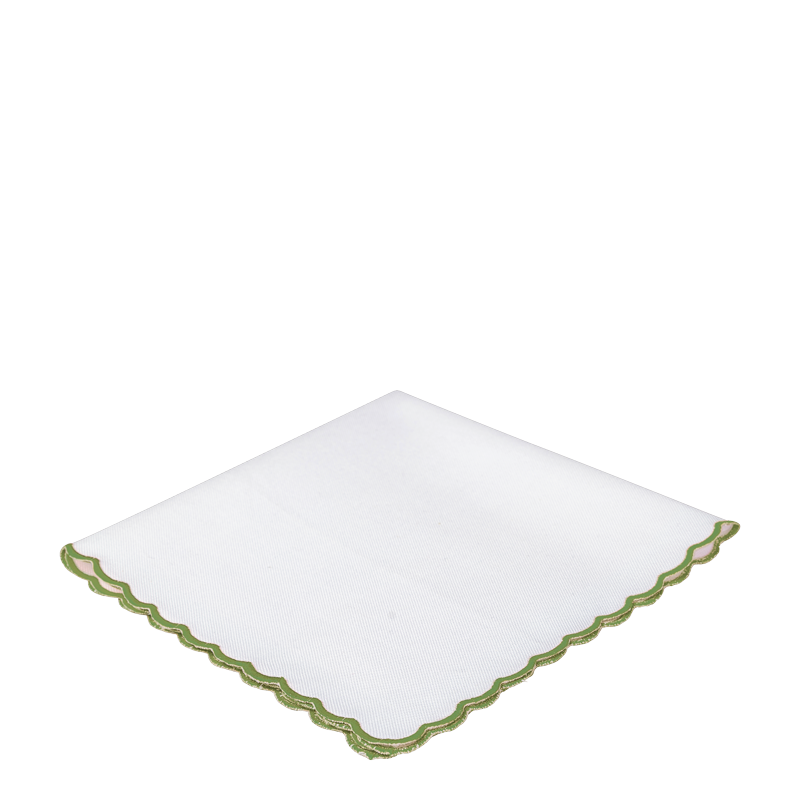 White Scallop Napkin with Olive Green Thread