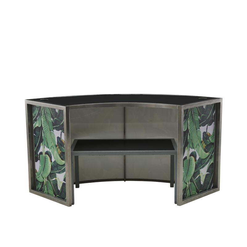 Unico Curved DJ Booth - SS Frame -  Palm Leaf Panels - Black Top