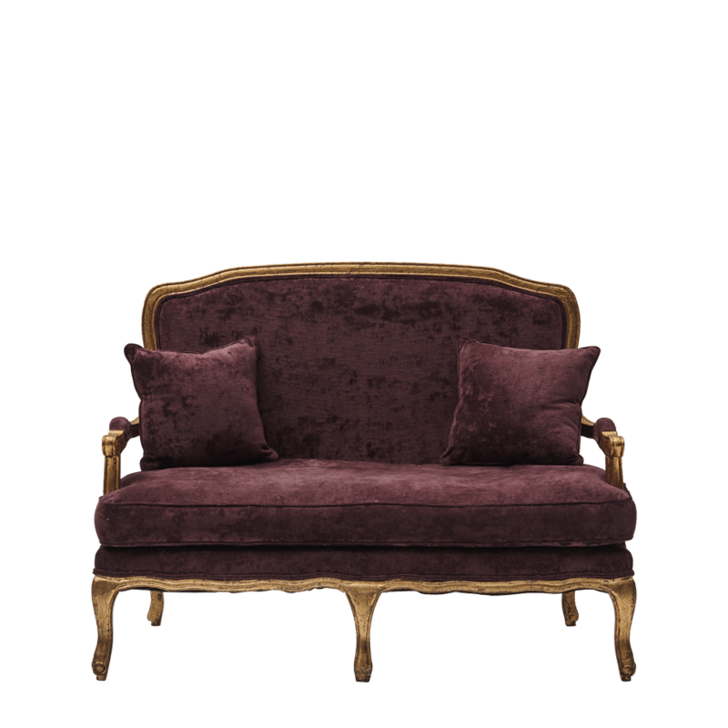 Paris Settee Sofa Amethyst in Gold upholstered in Purple Velvet