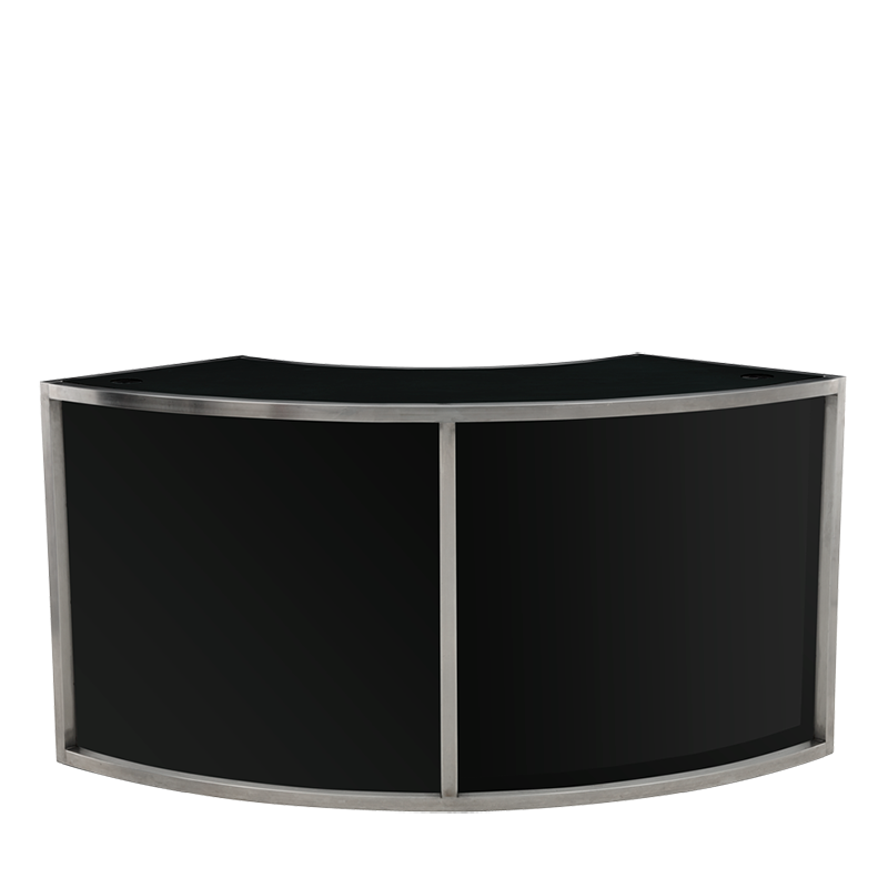 Unico Curved DJ Booth with Stainless Steel Frame and Black Panels