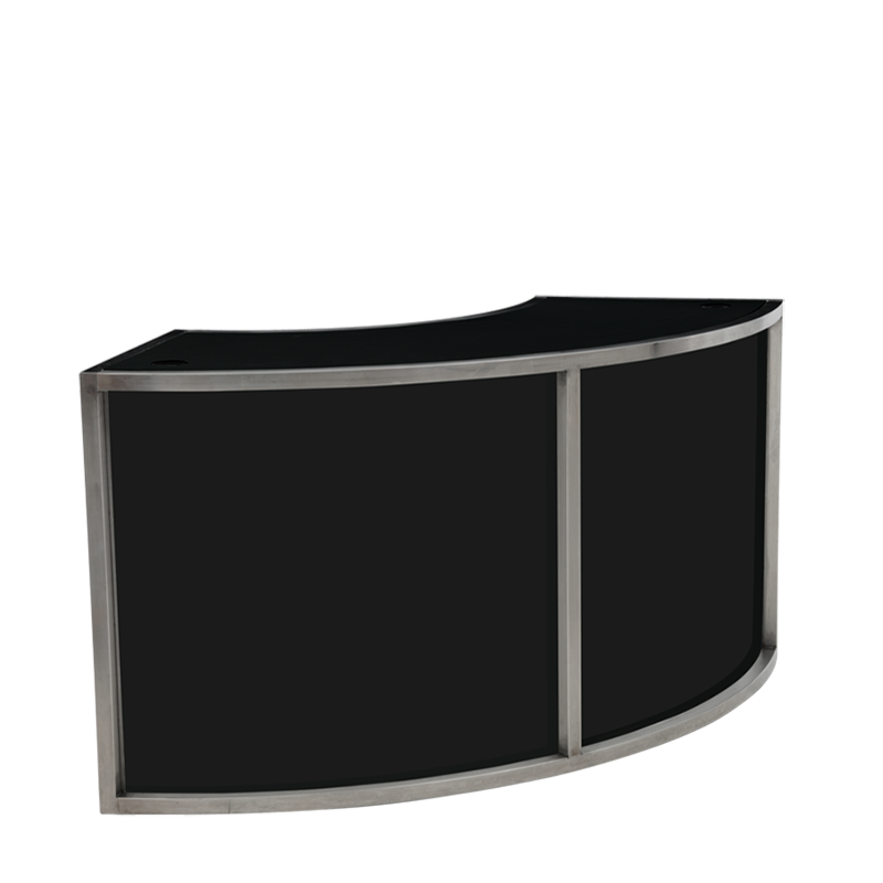 Unico Curved DJ Booth with Stainless Steel Frame and Black Panels