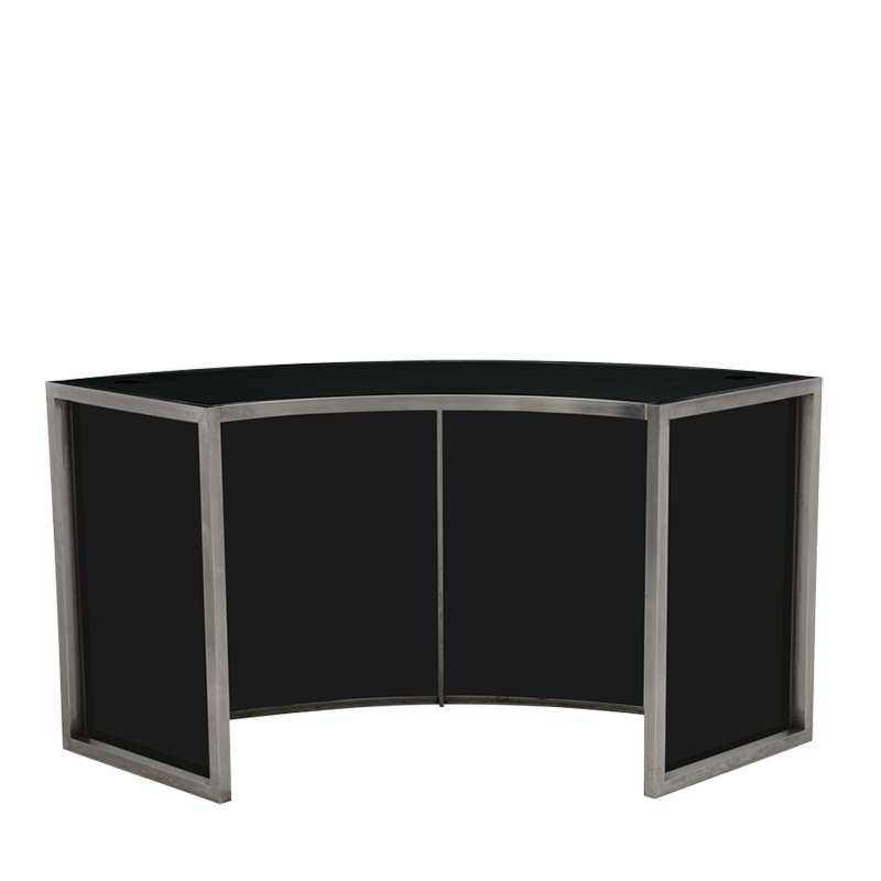 Unico Curved DJ Booth with Stainless Steel Frame and Black Panels