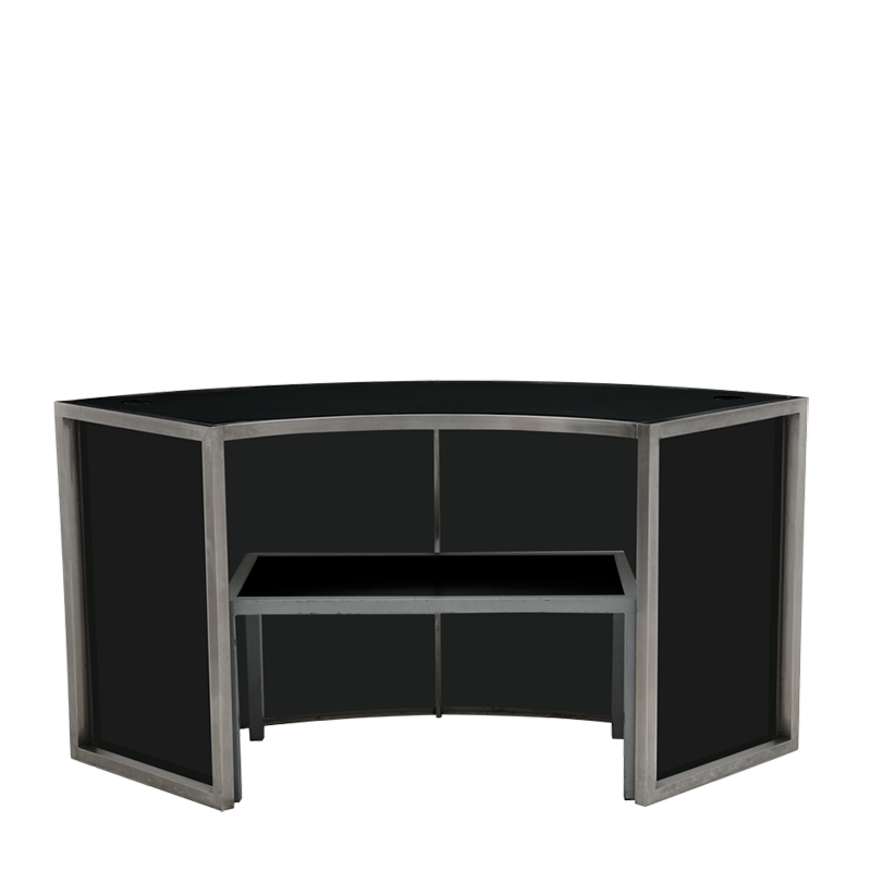 Unico Curved DJ Booth with Stainless Steel Frame and Black Panels