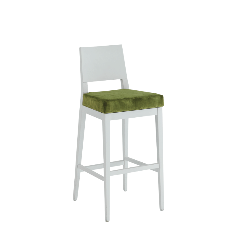 Porcino Bar Stool in White with Chartreuse Green Velvet Seat Pad