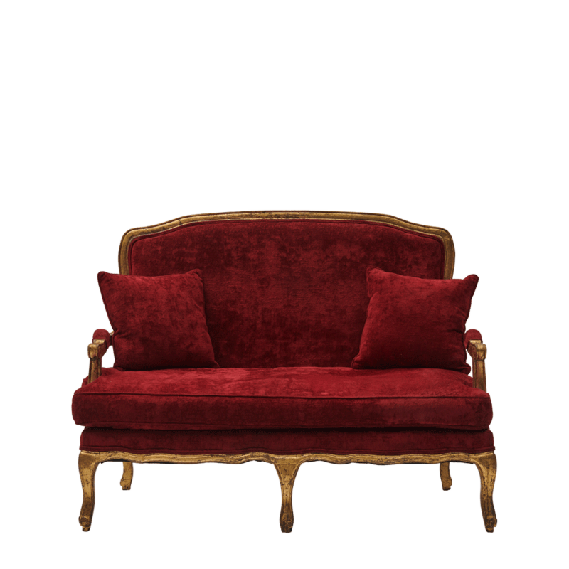 Paris Settee Sofa in Gold upholstered in Crimson Red Velvet