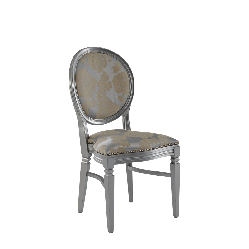 Chandelle Chair in Silver with Damask Moonshine Seat Pad