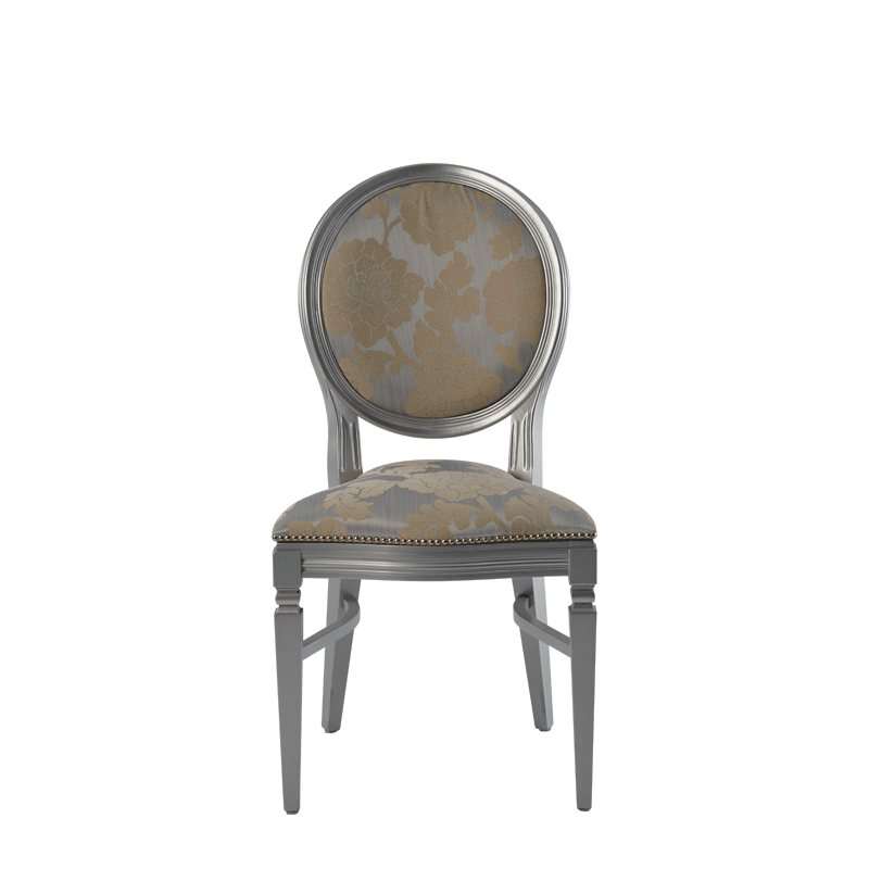 Chandelle Chair in Silver with Damask Moonshine Seat Pad