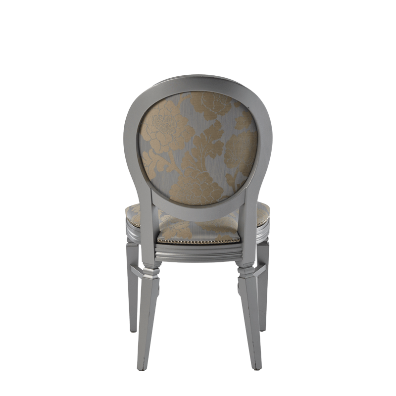 Chandelle Chair in Silver with Damask Moonshine Seat Pad