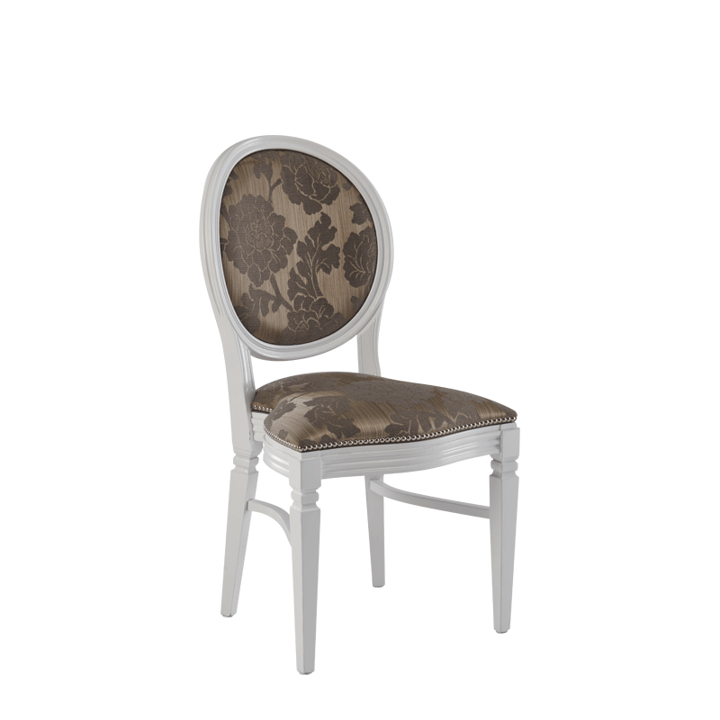 Chandelle Chair in White with Damask Taupe Seat Pad