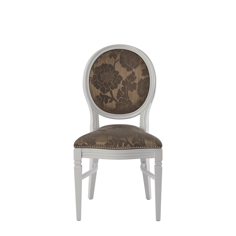 Chandelle Chair in White with Damask Taupe Seat Pad