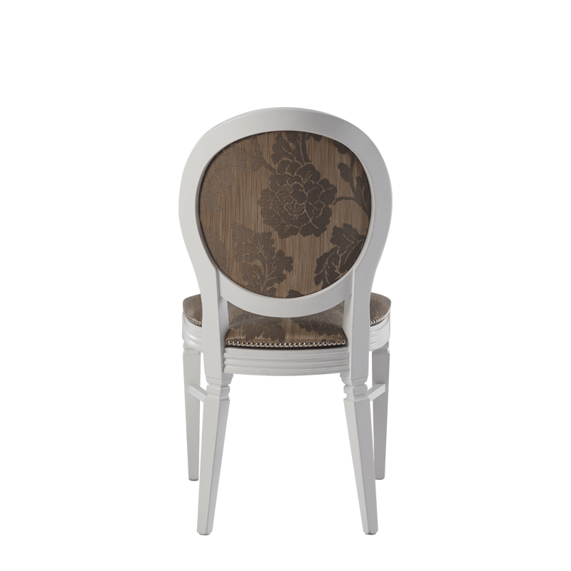 Chandelle Chair in White with Damask Taupe Seat Pad