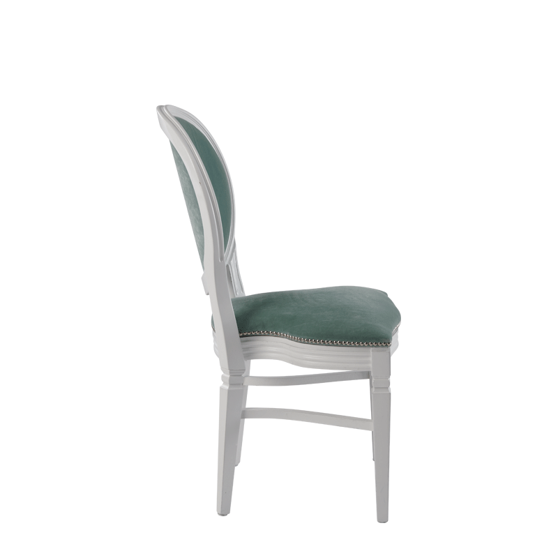 Chandelle Chair in White with Sea Green Velvet Seat Pad