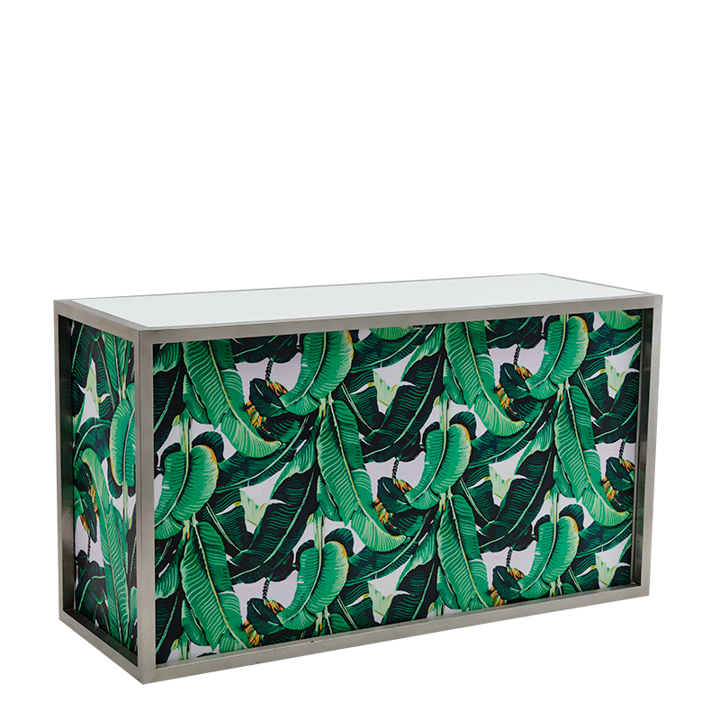 Unico Bar with Stainless Steel Frame and Palm Leaf Print Panels