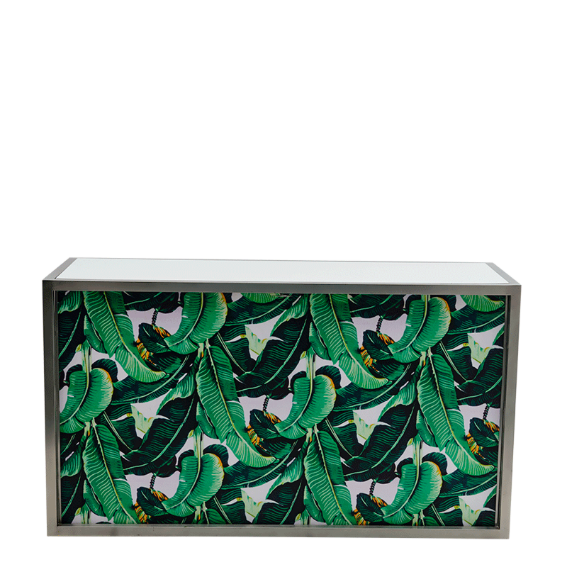Unico Bar with Stainless Steel Frame and Palm Leaf Print Panels