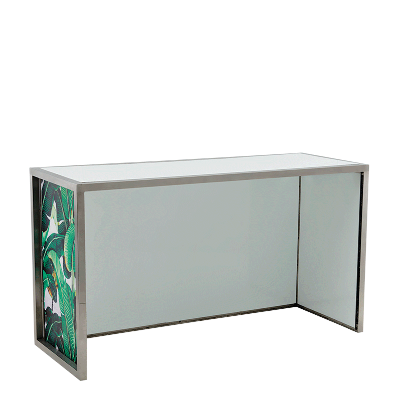 Unico Bar with Stainless Steel Frame and Palm Leaf Print Panels
