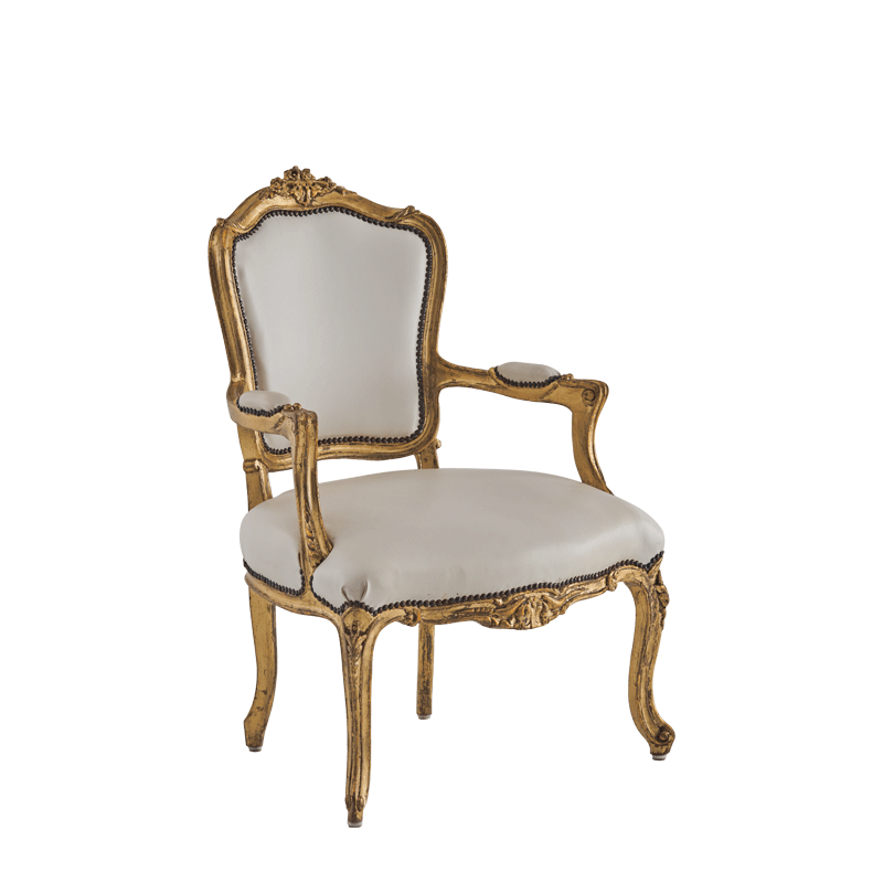 Orleans Armchair in Gold with White Leather Seat pad