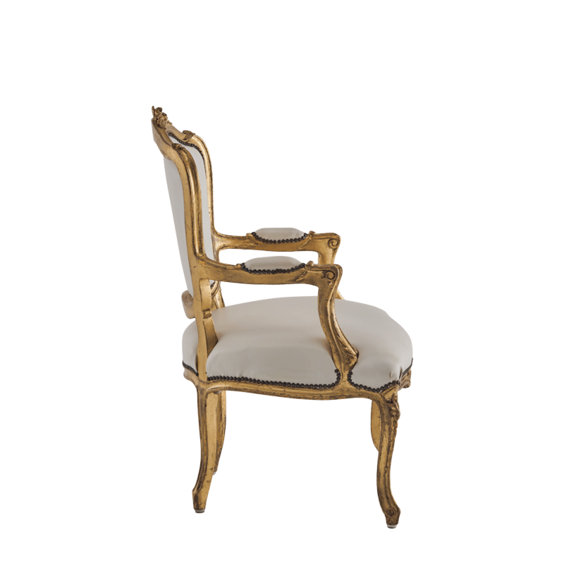 Orleans Armchair in Gold with White Leather Seat pad