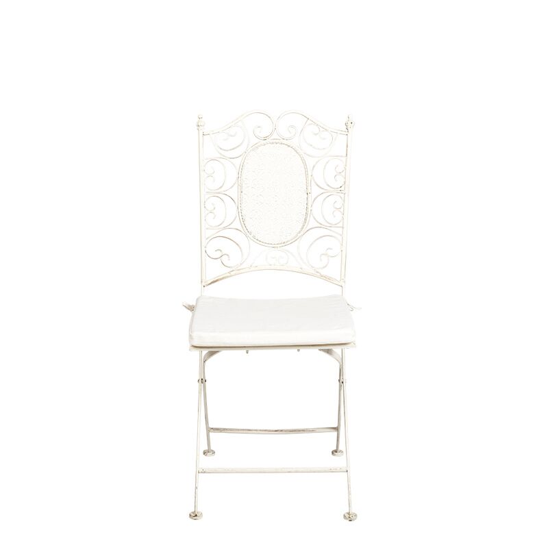 Vintage white Chantilly wrought-iron chair with an ecru cushion