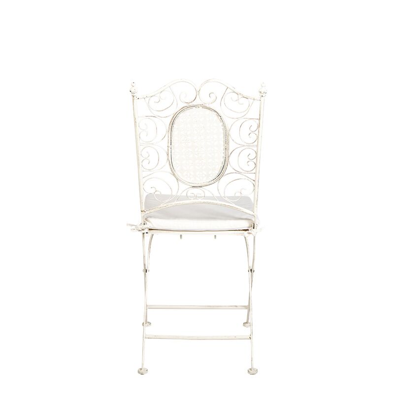 Vintage white Chantilly wrought-iron chair with an ecru cushion