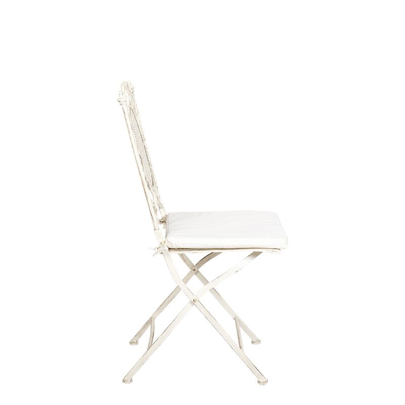 Vintage white Chantilly wrought-iron chair with an ecru cushion