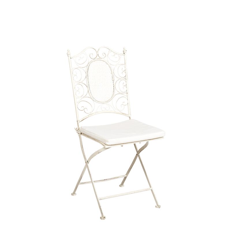 Vintage white Chantilly wrought-iron chair with an ecru cushion