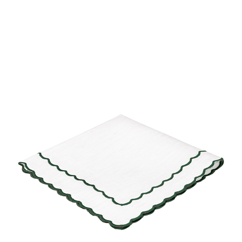 White Scallop Napkin with Pine Green Thread