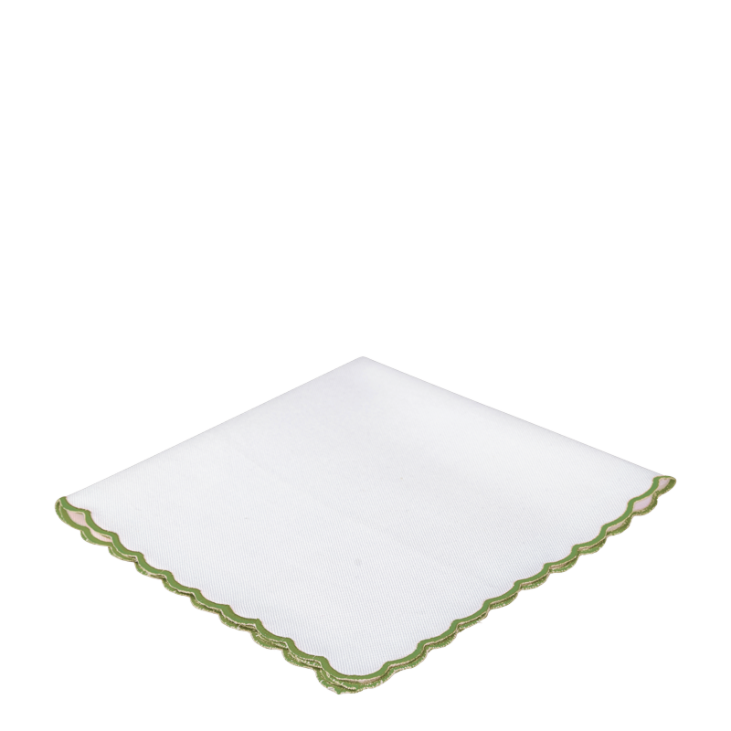 White Scallop Napkin with Olive Green Thread