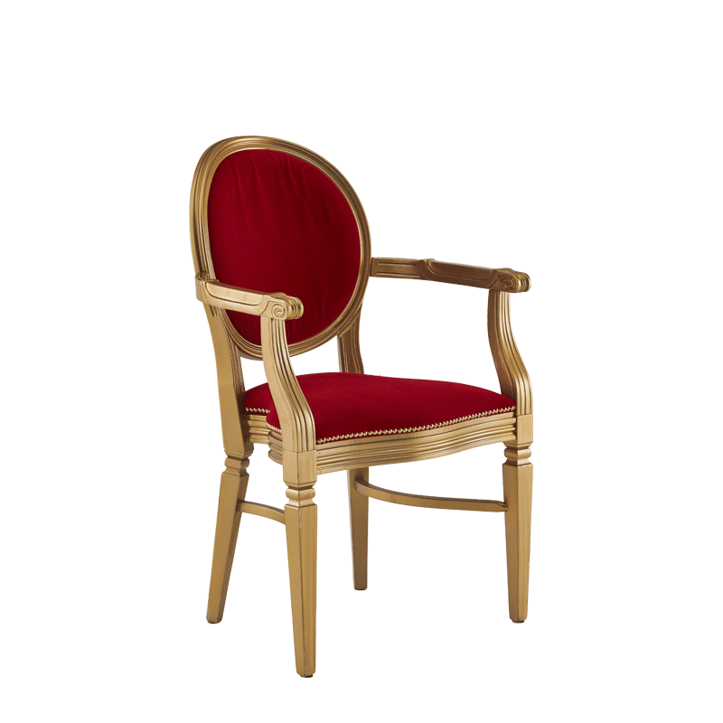 Chandelle Armchair in Gold with Crimson Red Velvet Seat Pad