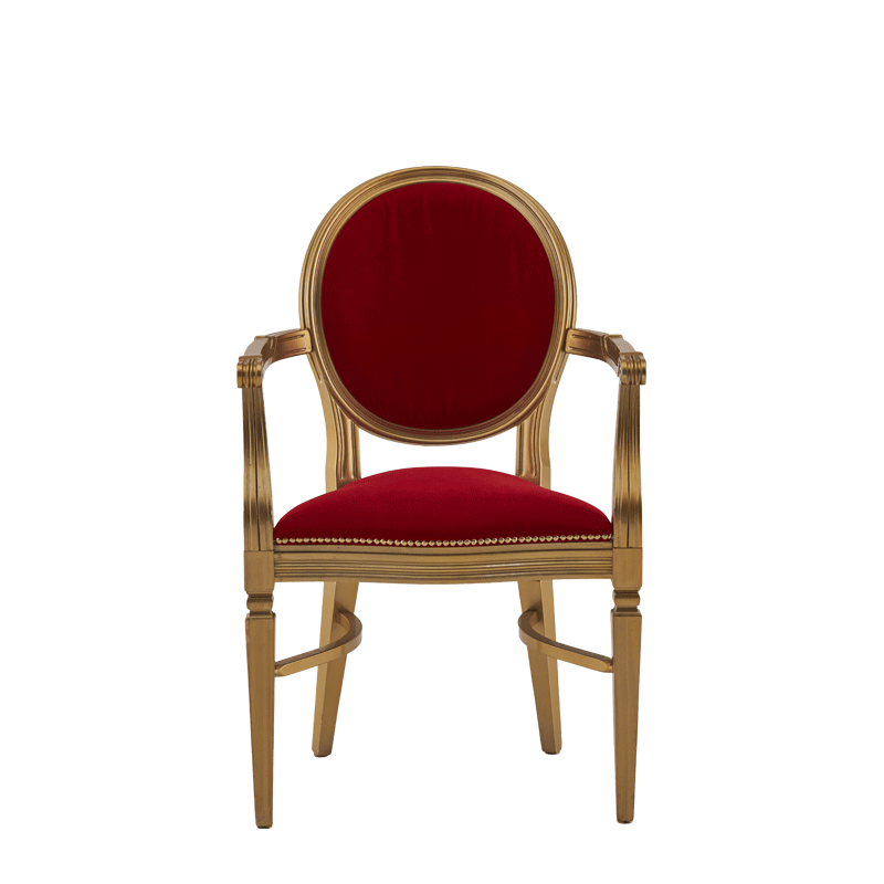 Chandelle Armchair in Gold with Crimson Red Velvet Seat Pad
