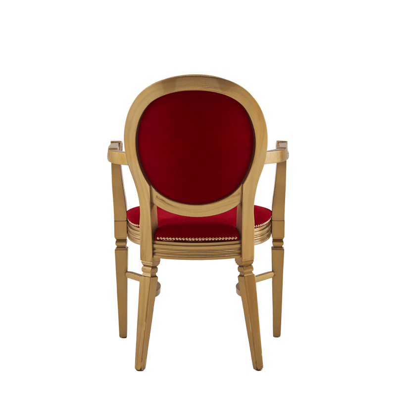 Chandelle Armchair in Gold with Crimson Red Velvet Seat Pad