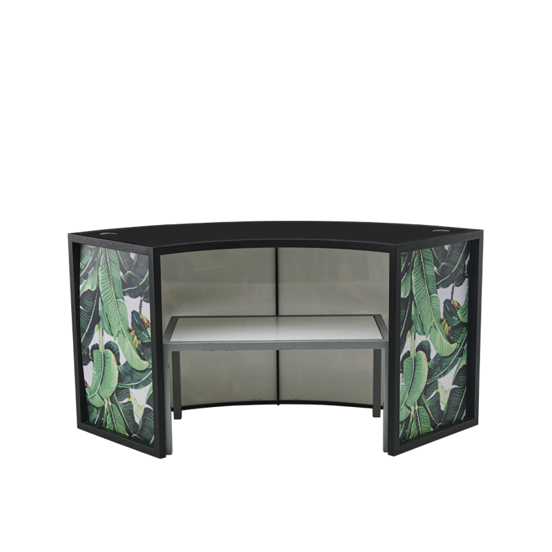 Unico Curved DJ Booth with Black Frame and Palm Leaf Print Panels