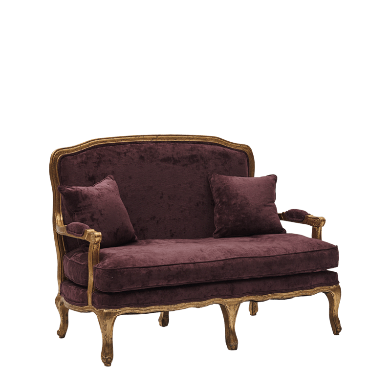 Paris Settee Sofa Amethyst in Gold upholstered in Purple Velvet