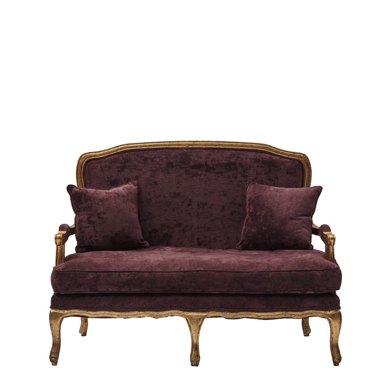 Paris Settee Sofa Amethyst in Gold upholstered in Purple Velvet