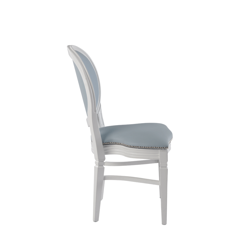 Chandelle Chair in White with Baby Blue Seat Pad