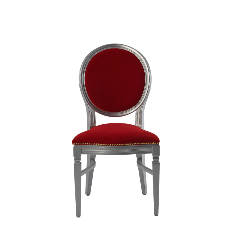 Chandelle Chair in Silver with Crimson Red Velvet Seat Pad