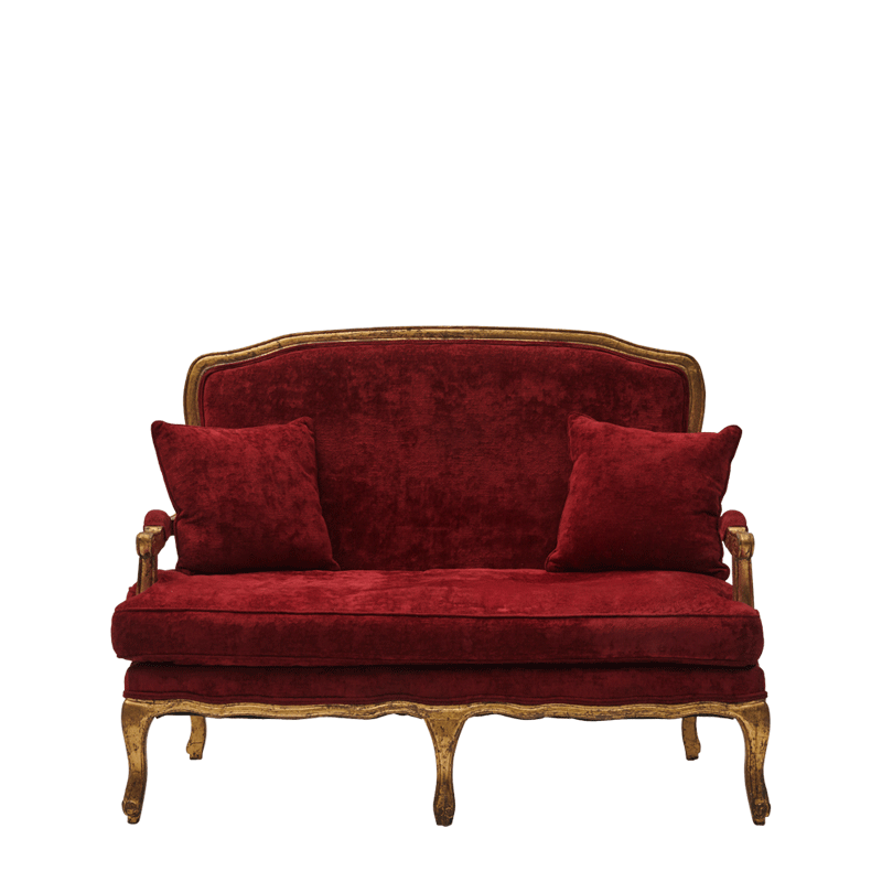 Paris Settee Sofa in Gold upholstered in Crimson Red Velvet