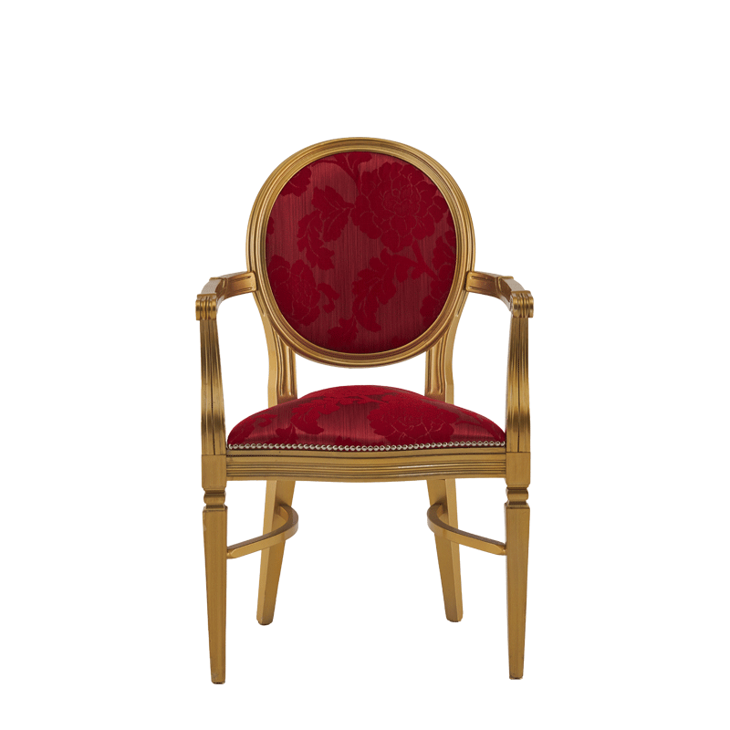 Chandelle Armchair in Gold with Damask Bordeaux Seat Pad