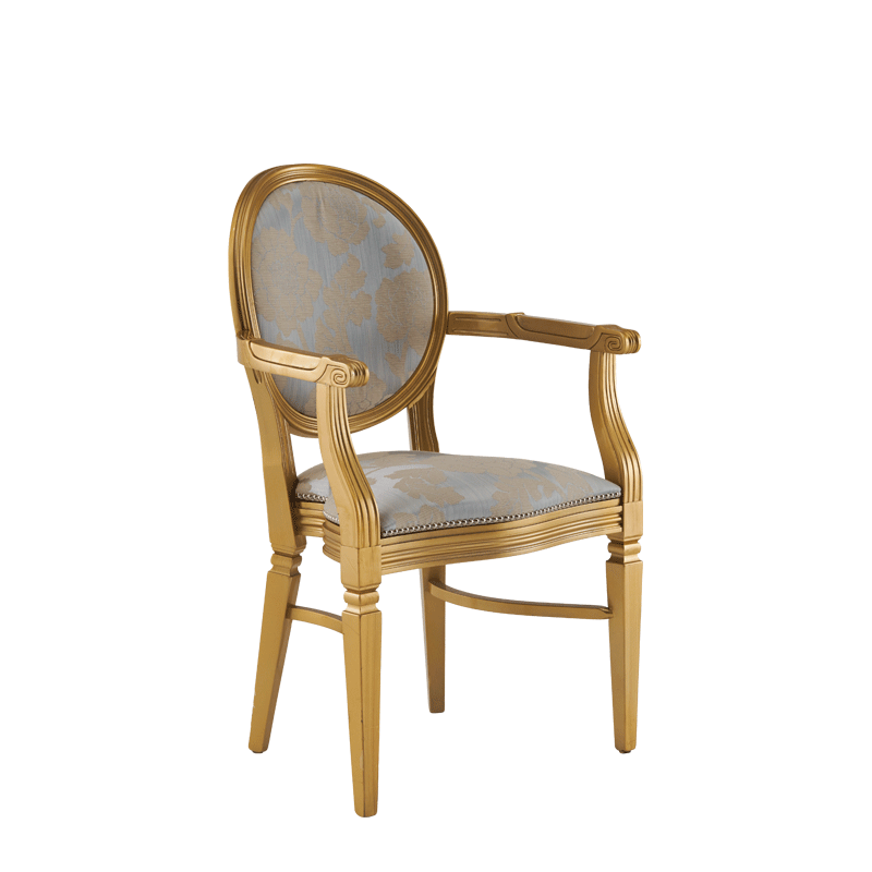 Chandelle Armchair in Gold with Damask Moonshine Seat Pad