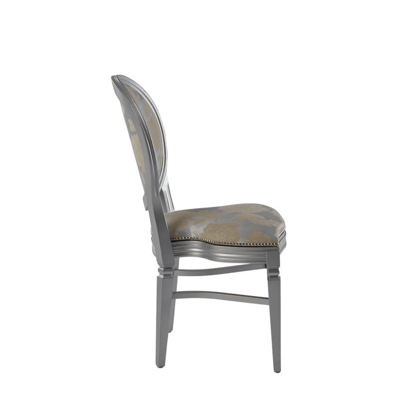 Chandelle Chair in Silver with Damask Moonshine Seat Pad
