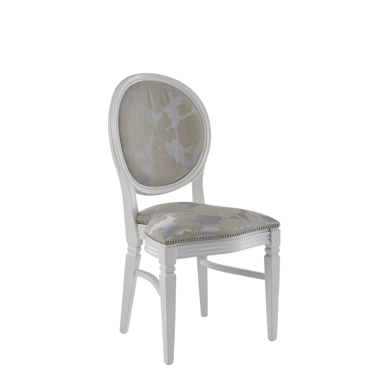 Chandelle Chair in White with Damask Moonshine Seat Pad