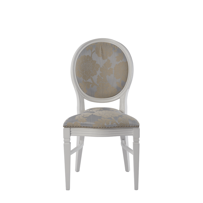 Chandelle Chair in White with Damask Moonshine Seat Pad