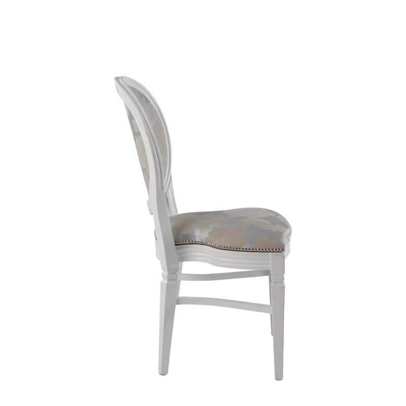 Chandelle Chair in White with Damask Moonshine Seat Pad