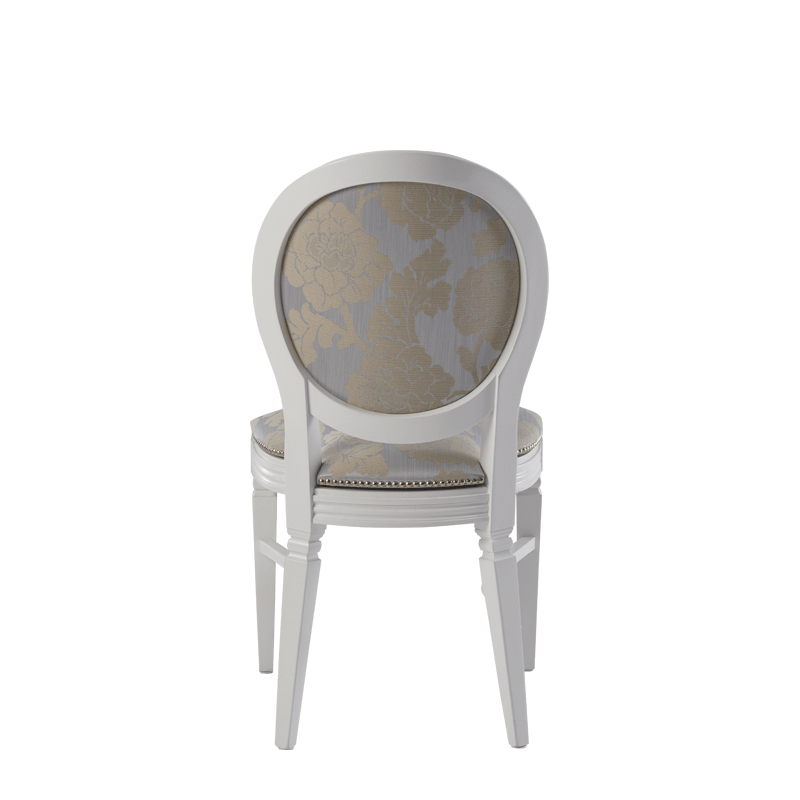 Chandelle Chair in White with Damask Moonshine Seat Pad