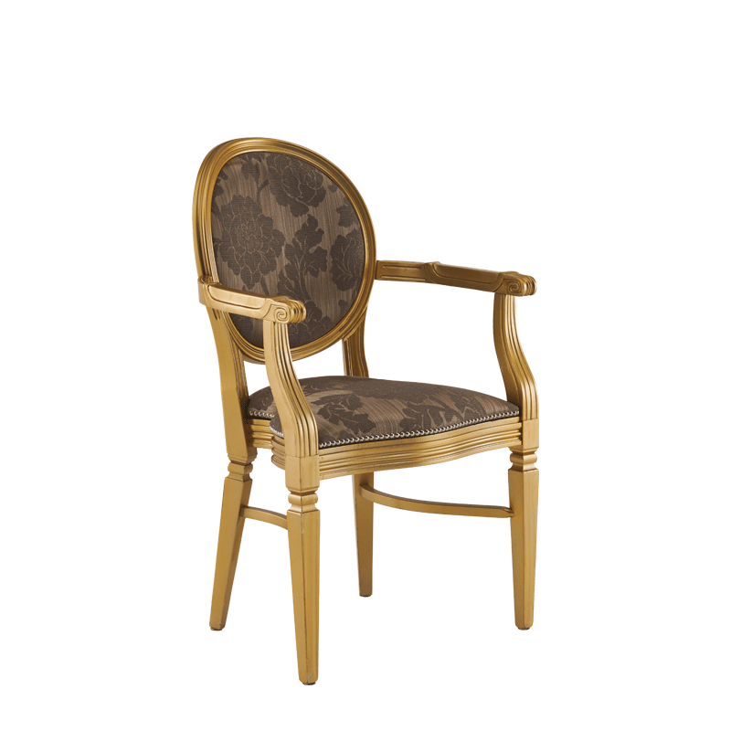 Chandelle Armchair in Gold with Damask Taupe Seat Pad