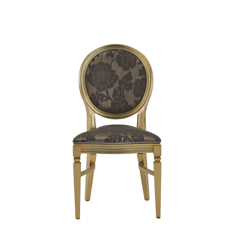 Chandelle Chair in Gold with Damask Taupe Seat Pad