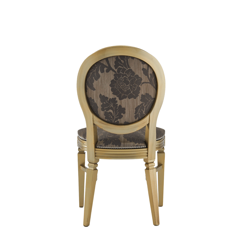 Chandelle Chair in Gold with Damask Taupe Seat Pad